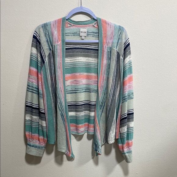 NIC+ZOE Petite Large 4-Way Cardigan Striped Linen Blend Pastel Knit Top - Picture 3 of 15